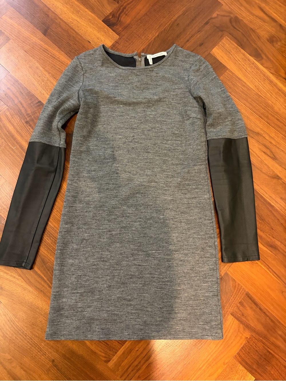 10 Crosby Derek Lam Gray Knit Shift Dress with Black lamb skin Sleeve Panels